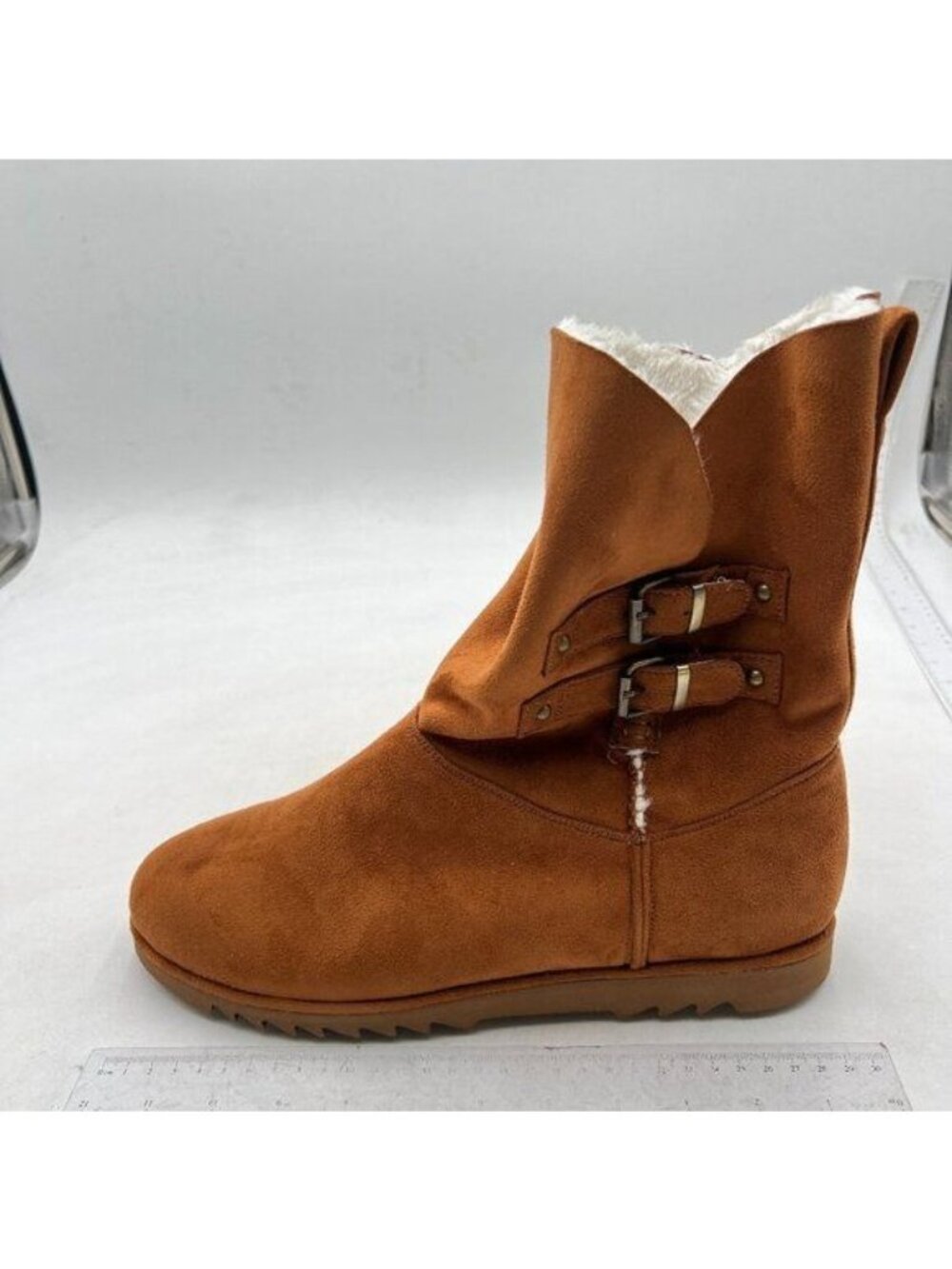 Women's Mid Calf Fully Fur Lined Winter Snow Boot with Buckles Flat Shoe Black